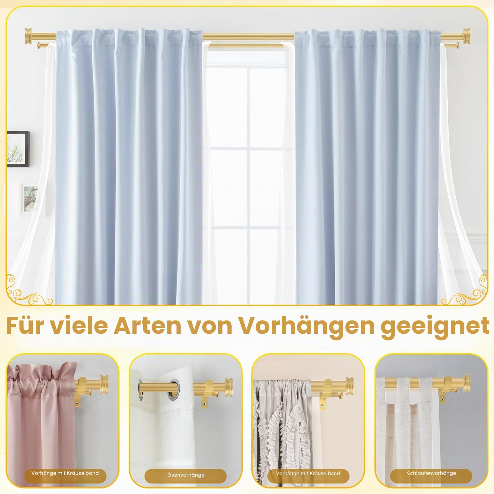 Doppel-Gardinenstange, 2,5 cm, goldfarben, 213,3 cm bis 305,5 cm, strapazierfähig, dekorative Gardinenstange für Fenster mit kleinem Endstück