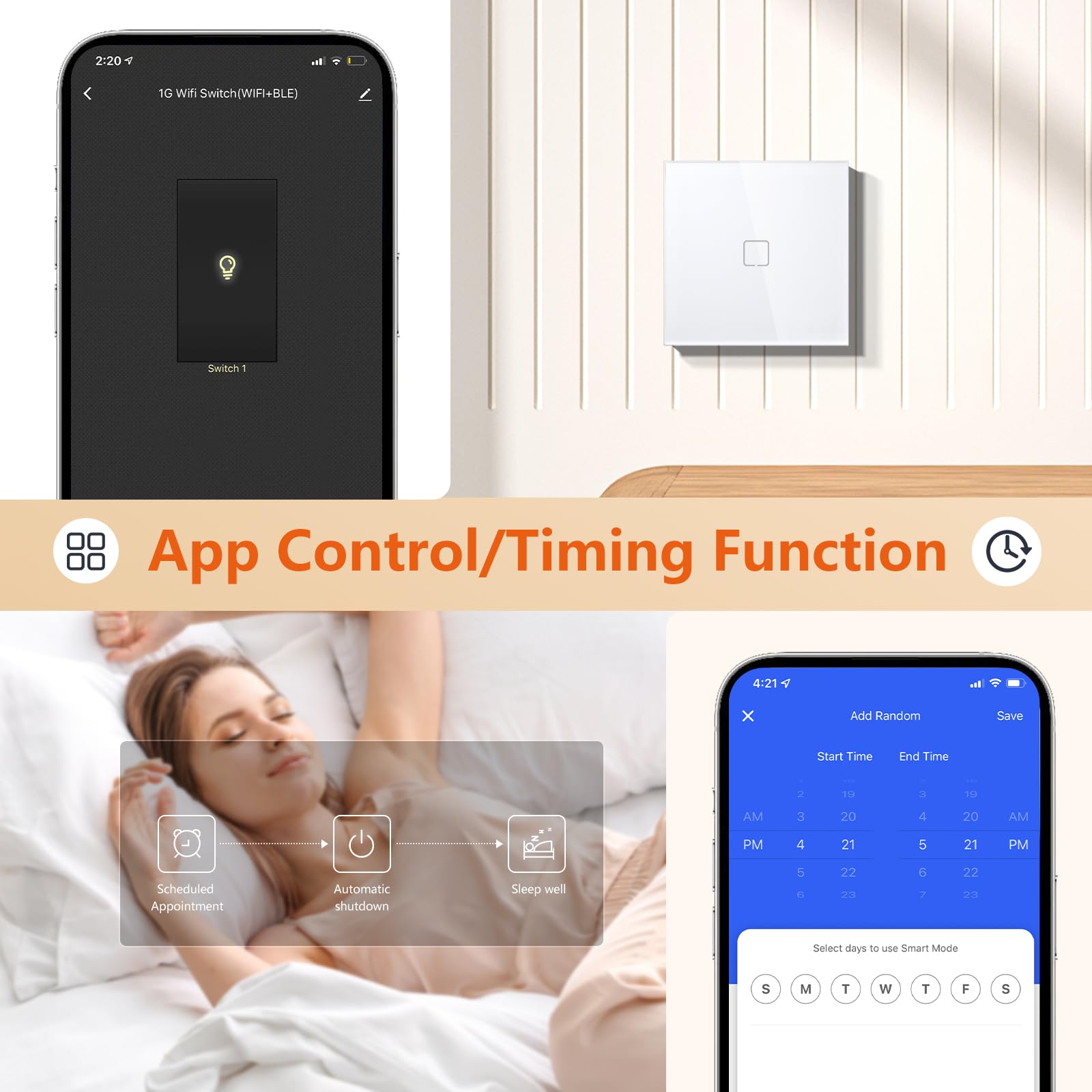 Interruptor Tactil Inteligente,WIFI Interruptores de Luz Con Cristal,Compatible con Alexa/Tuya/Smart Life,Requiere Cable Neutro,1 Gang 1 Vía-2 Paquetes,86mm Blanco