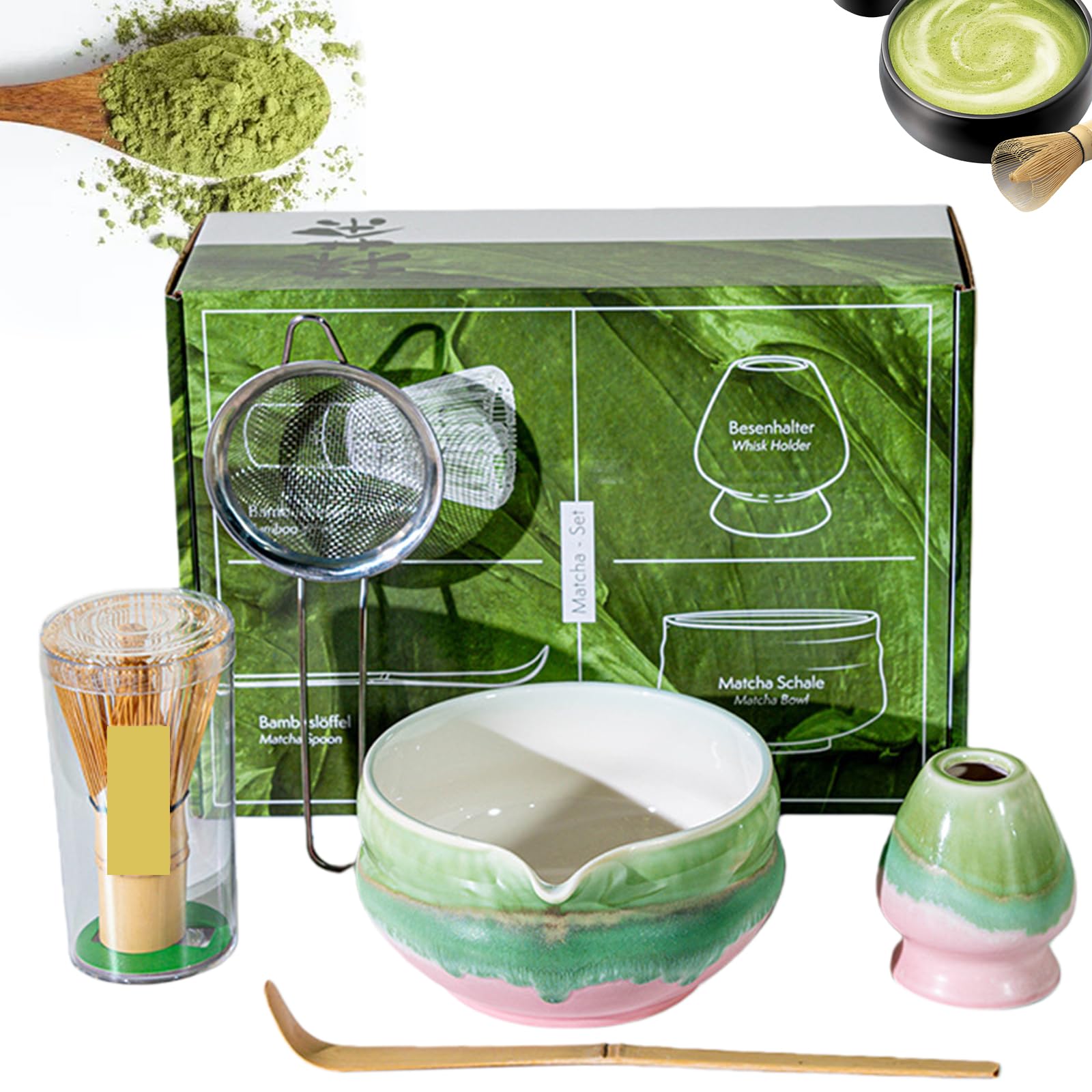 Set di 5 scope matcha, ciotola e set rosa, con beccuccio, frusta, cucchiaio+chasen+colino, tè per cerimonie di tè e regalo