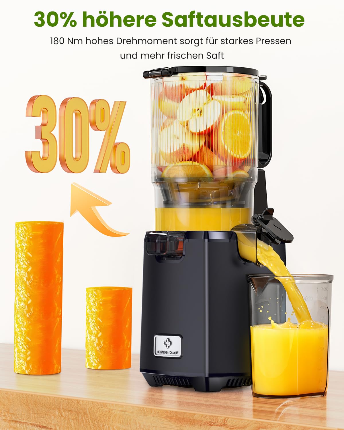 LINKChef Entsafter Slow Juicer, 130 mm große Öffnung, Entsafter Gemüse und Obst, 1,8 L Kapazität, 250W Elektrischer Juicer mit Rücklauffunktion, Leise, Einfache Montage, Leicht zu Reinigen, BPA-frei