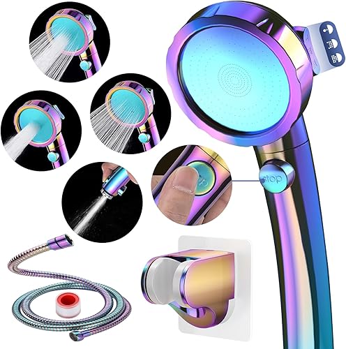 HANLIAN Cabezal de ducha de alta presión con botón de pausa, cabezal de ducha de 3 modos de pulverización para autocaravana, ahorro de agua en la