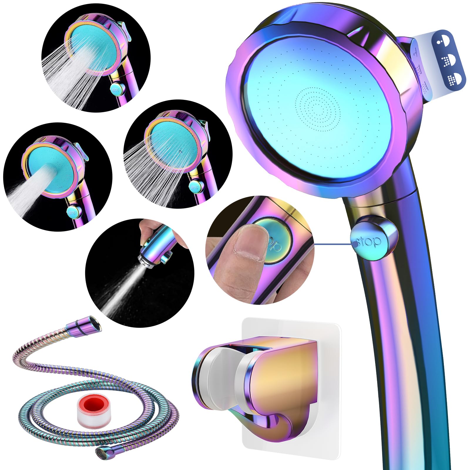 HANLIAN High Pressure Shower Head with Pause Button, 3 Spray Modes Shower Head for RV Camper, Water Saving On Off Shower, Handheld Shower Head with Hose and Holder (Radiant Rainbow)