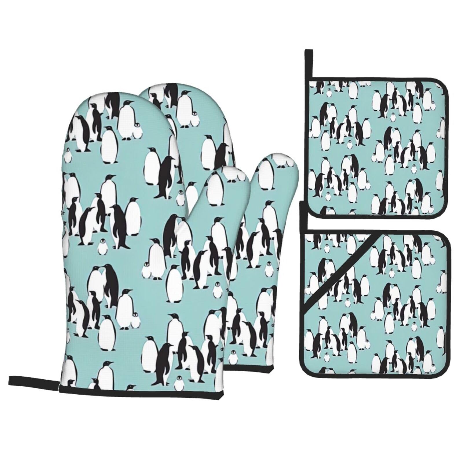 Cute Penguins Print Oven Microwaving Waterproof Kitchen Gloves for Baking Grilling Holiday Cooking