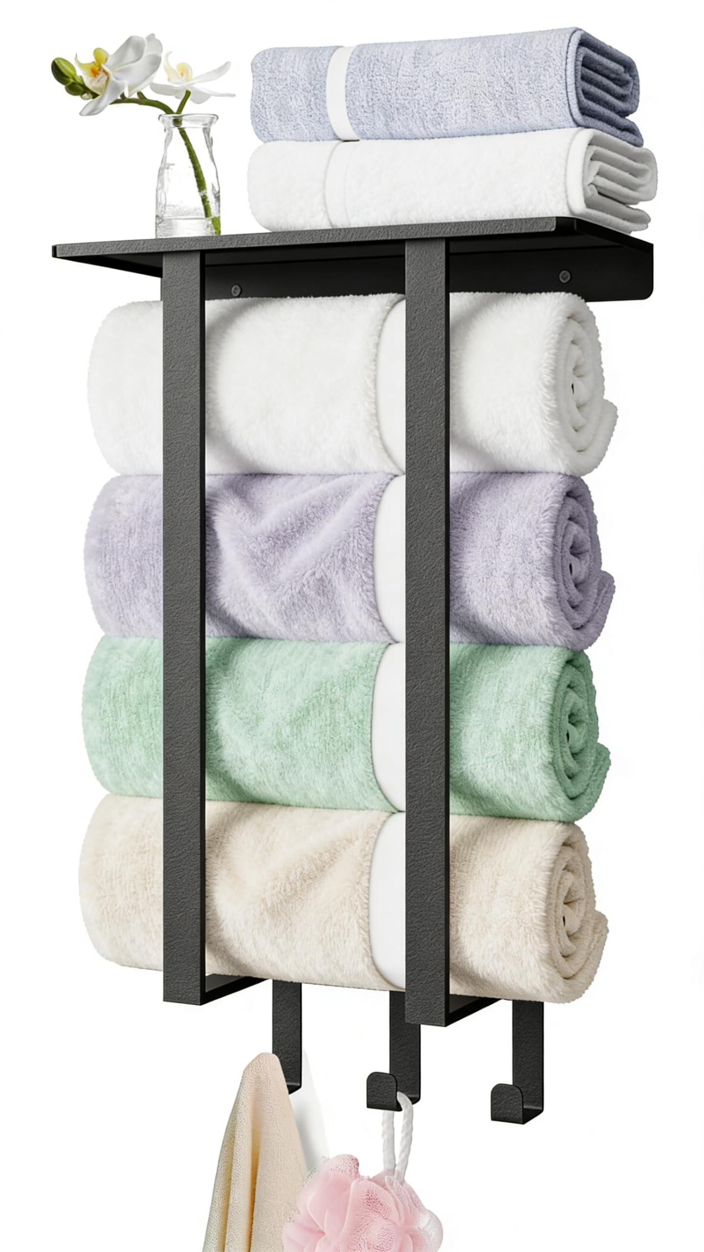 Towel Racks for Bathroom, Towel Rack with Shelf and 3 Hooks, Towel Storage Holders Wall for Rolled Bath Towels, Black