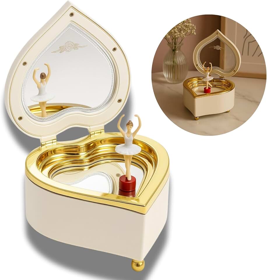 Caixinha de Música Bailarina Clássica, Formato Coração, Melodia Für Elise de Beethoven, Mecanismo de Corda, Cor Creme e Dourado