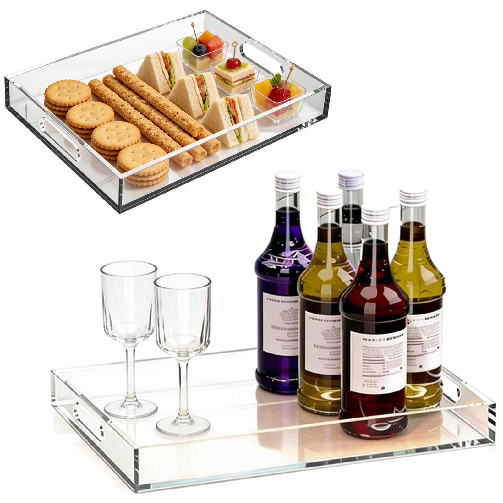 Bandeja de Servicio Transparente 2 Piezas Grandes Claras a Prueba de Fugas | Organizador Rectangular Antiderrames Para baño, cocina, cafetería, comedor, postres