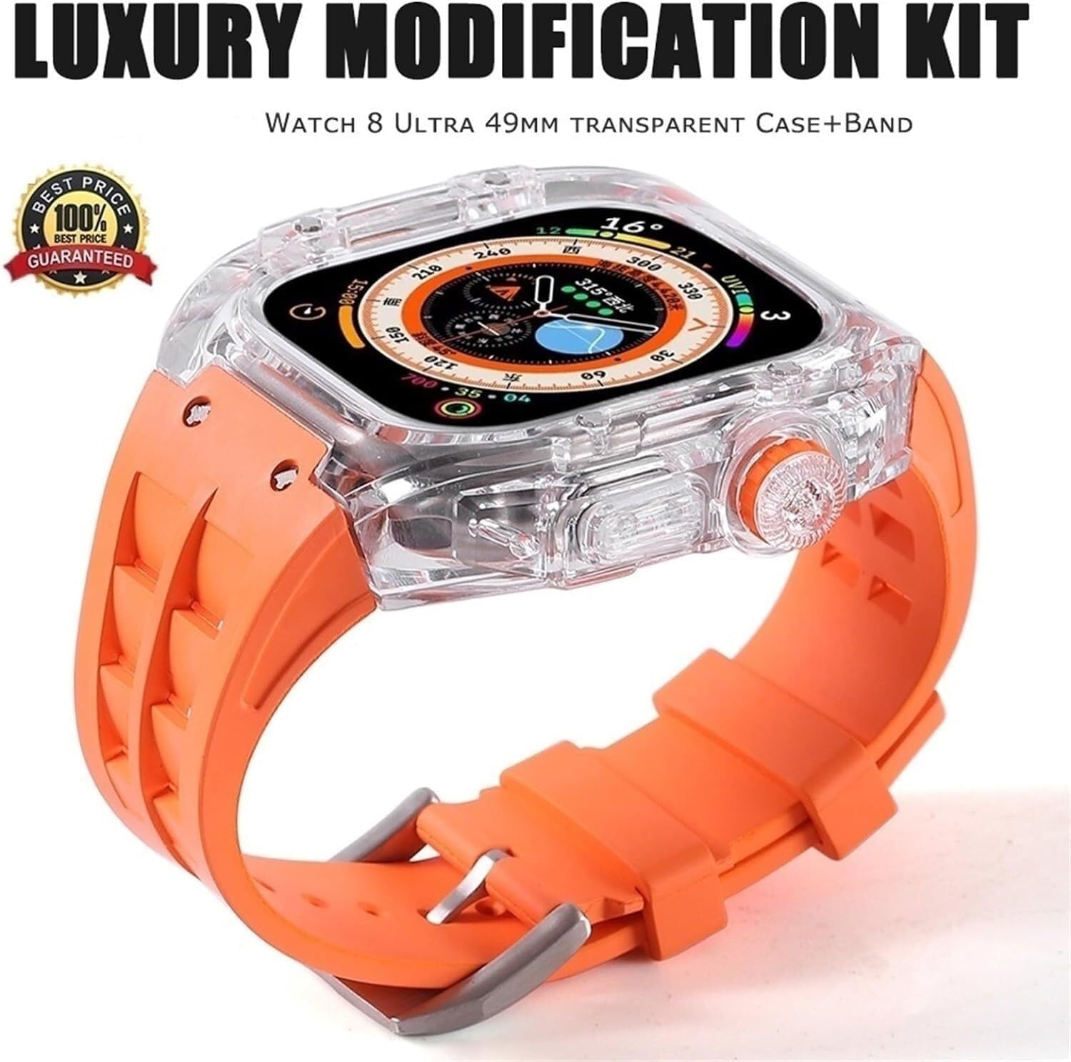 For Series 8 Ultra 49MM Fluorine Rubber Watch Band+Mod Kit Case Transparent Modification Kit，For Apple Watch Band Ultra 49mm Luxury Silicone Rubber Watch Band
