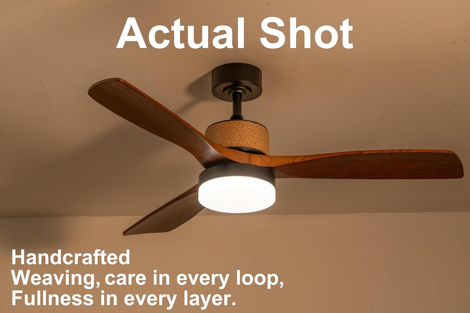 52 Inch Wood Ceiling Fans with Lights, Rustic Hemp Rope Ceiling Fan with Remote Control 6 Speeds Timer, Reversible Quiet DC Motor, High CFM for Indoor Outdoor, Walnut black
