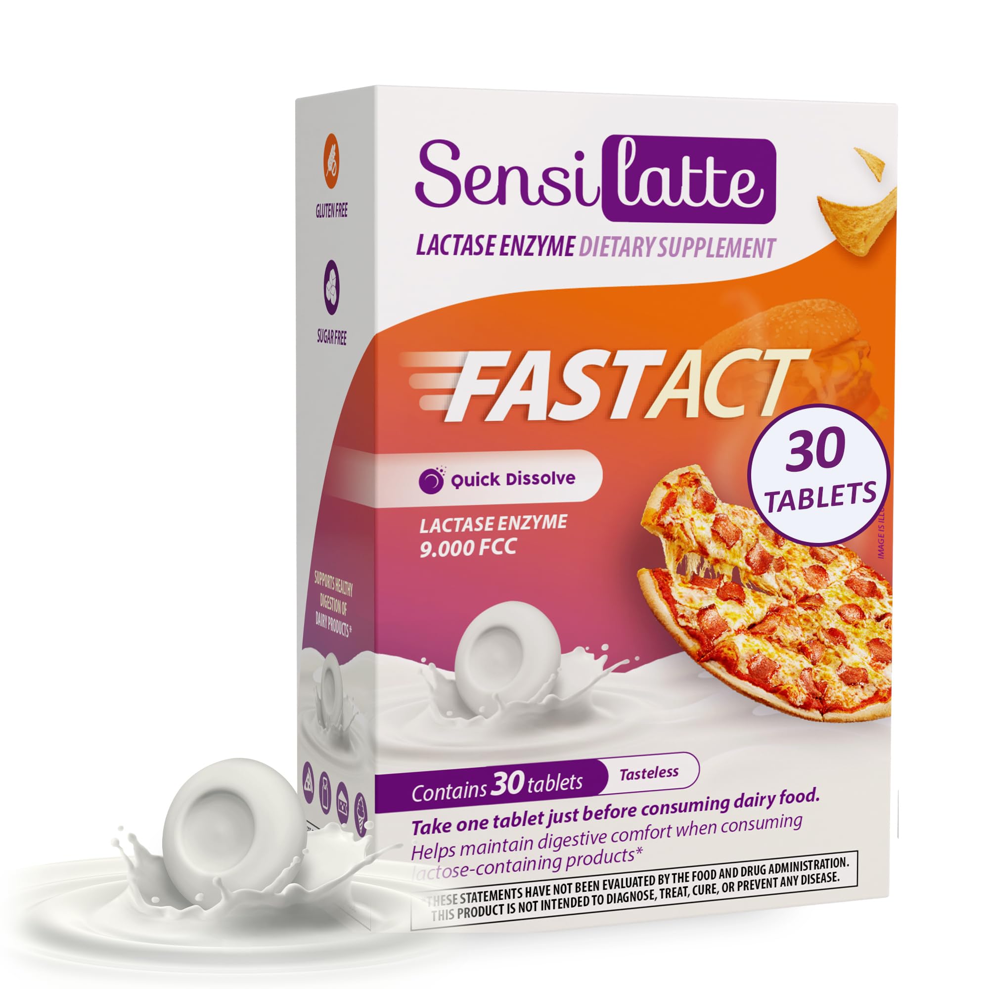 SENSI LATTE Suplemento de enzima lactase sem sabor, 9.000 FCC, 30 comprimidos