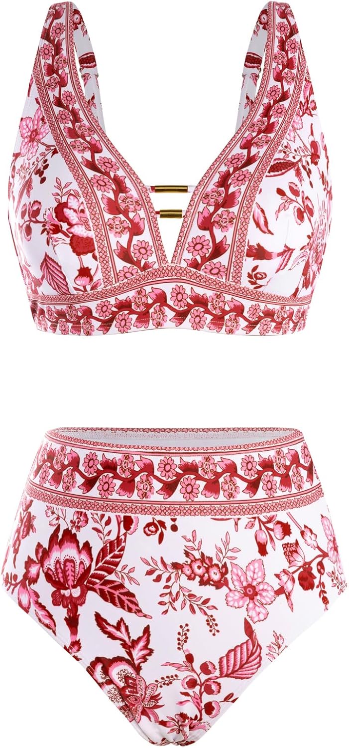 Hanna Nikole Womens High Waisted Bikini Sets Floral Print, 2 Piece Swimsuits Cutout, V Neck Bathing Suits Sexy Swimwear - Image 9