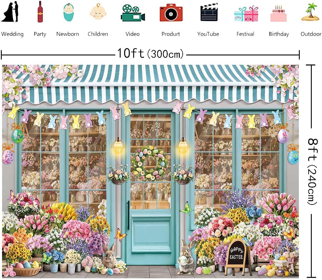 Easter Bunny Shop Backdrop Spring Flowers Shop Happy Easter Day Photoshoot Background Colorful Tulips Floral Market Party Decoration Banner Booth Props (10x8FT(120x96 inch))