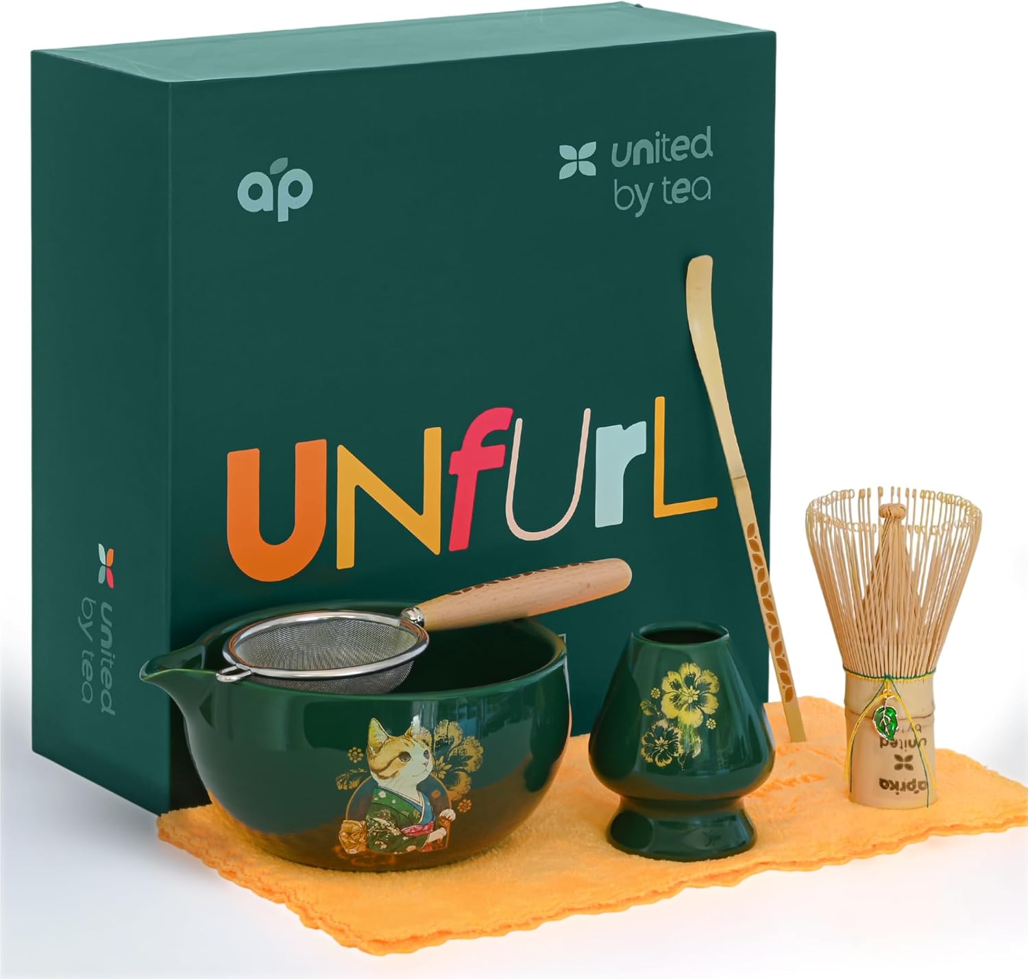 Matcha Gift Set 6 Pcs – Ceramic Bowl, Bamboo Whisk, Whisk Holder, Scoop, Sifter & Cloth – Traditional Japanese Set for Green Tea by Aprika Matcha (Green with Spout)