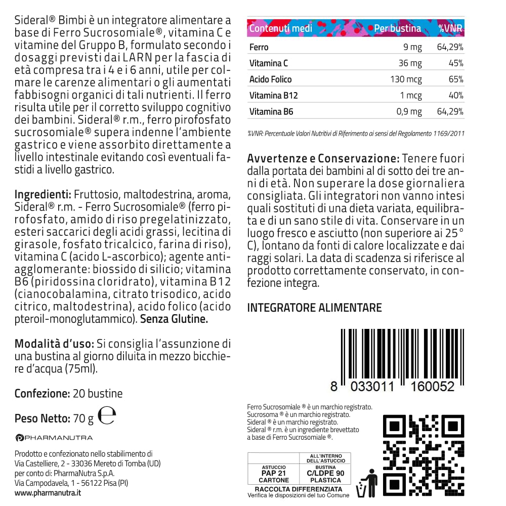 SiderAL Bimbi integratore alimentare a base di ferro Sucrosomiale® (9 mg), Vitamina C, B, B12 Sucrosomiale® e Acido Folico, No gusto metallico, No Glutine, Alta tollerabilità, 20 bustine, Pharmanutra