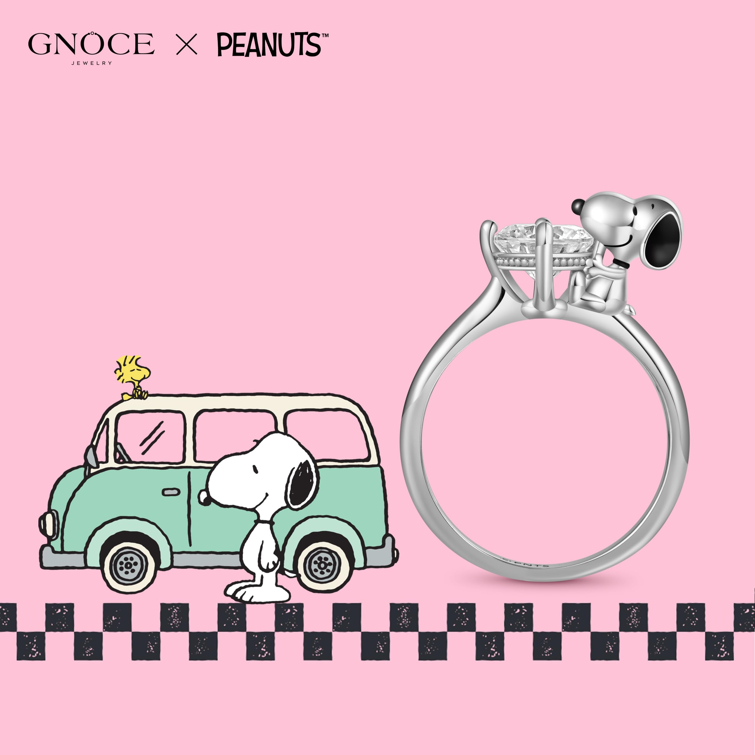 GNOCE Peanuts Snoopy Hug White Diamond Ring for Women, S925 Sterling Silver Ring for Her Wife, Valentine‘s Day, Mother’s Day Jewelry