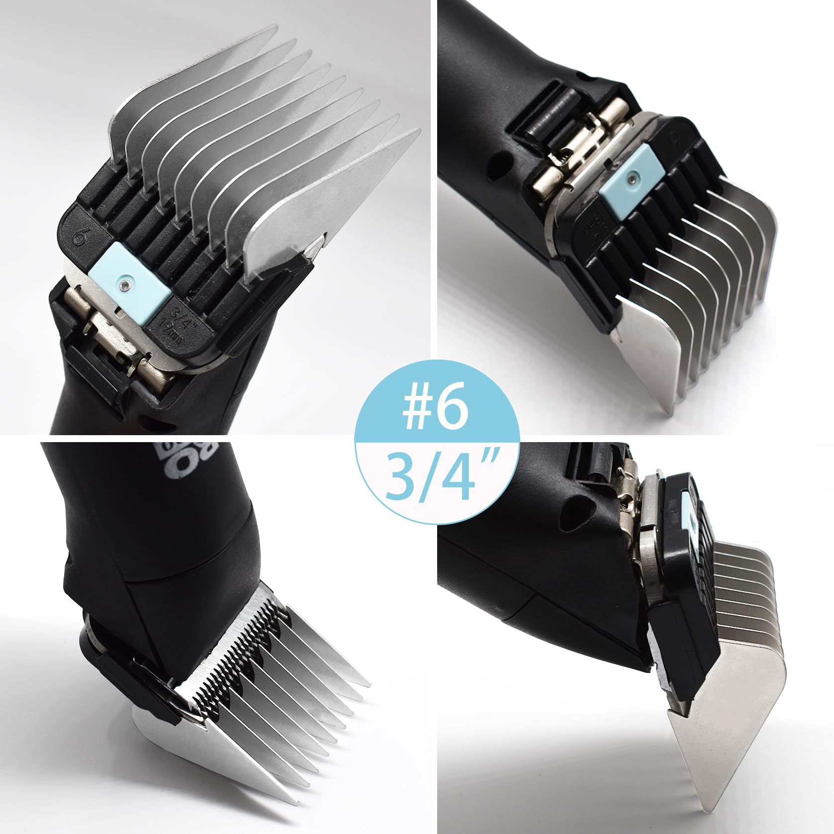 Lot de 4 peignes de protection en acier inoxydable pour toiletteurs d'animaux de style A5, 1,6 cm, 1,9 cm, 2,2 cm, 2,5 cm, compatibles avec les tondeuses Wahl KM Series Andis AG BG Oster A5 A6