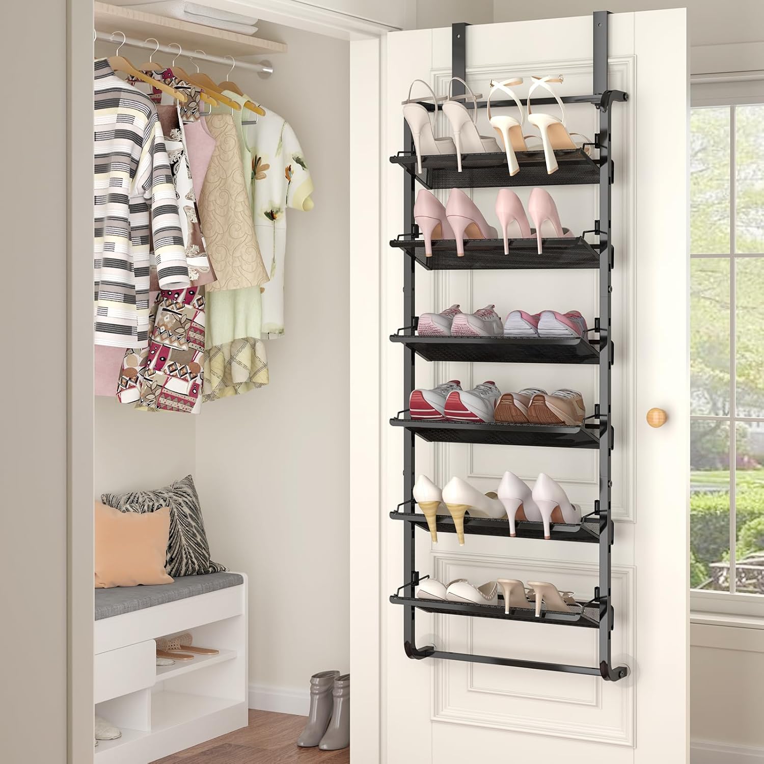 Bukfen Over The Door Shoe Organizer,6-Tier Adjustable Door-Mounted/Wall-Mounted Shoe Rack,Heavy-Duty Metal Storage for Closet Door,Black,1 Pack