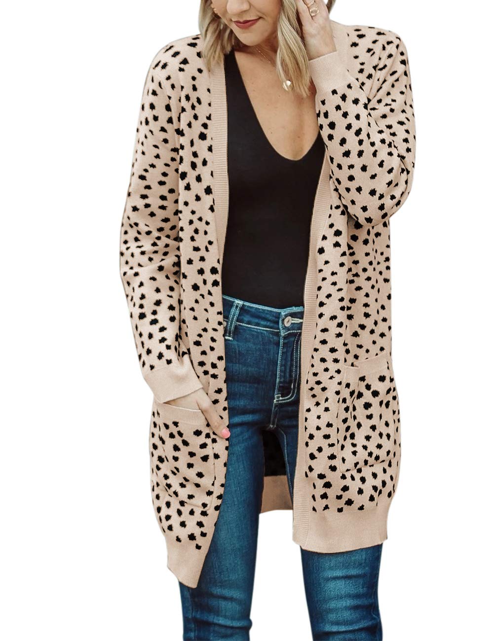 MEROKEETYWomen's Open Front Knit Cardigan Winter Fall Sweater Dots Long Sleeve Coat Outwear