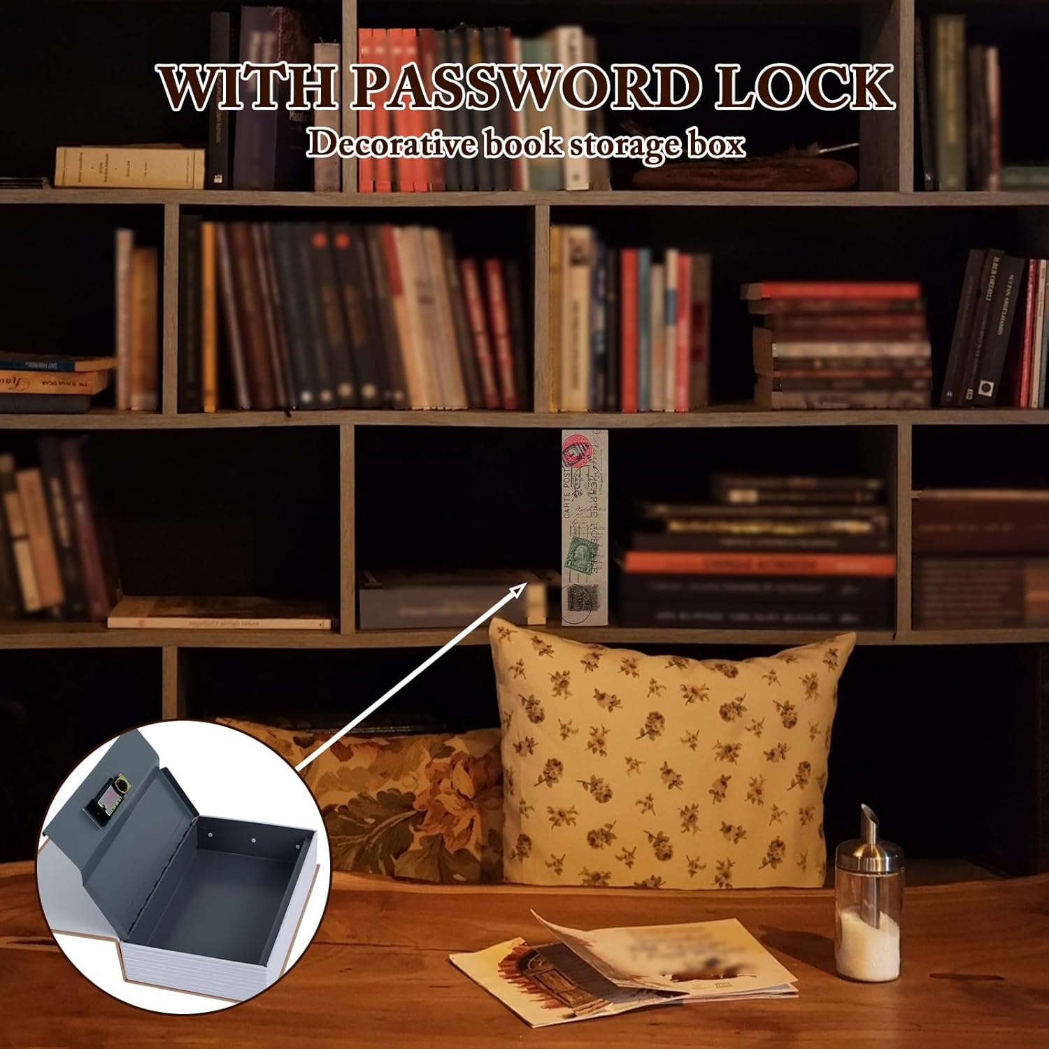 Decorative Book Safe Lock Box, Hidden Safe Box w Security Combination Lock, Portable Hollowed out Book w Hidden Compartment, Fake Book Storage Box,Secret Hiding Containers for Cash Key Jewelry (Tan)