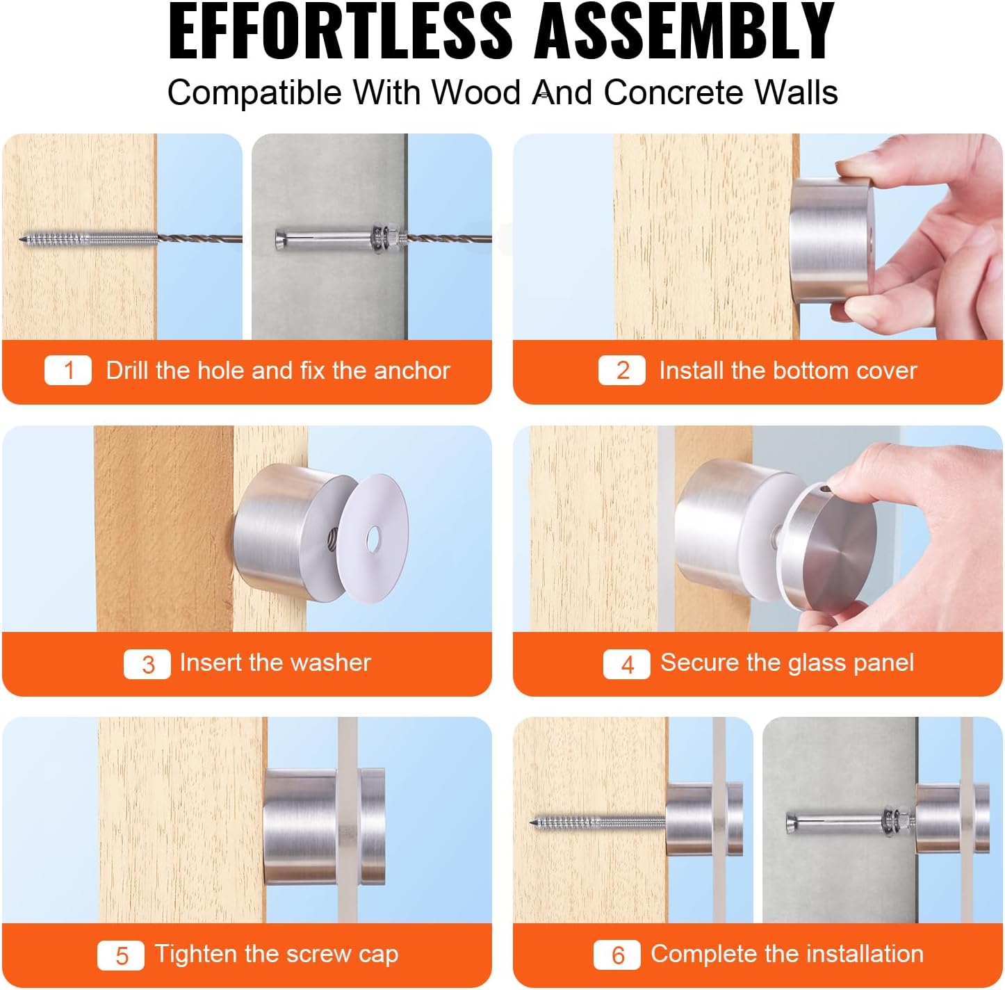 VEVOR 10PCS Round Glass Railing Bracket - 316 Stainless Steel Clamp for 5/16"-5/8" Tempered Glass, Silver for Balcony Garden Pool Stair