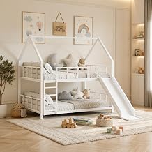 Kids Bunk Bed with Slide |Metal Bunk Bed for Kids Boys & Girls |Built-in Ladder, High Guardrail and Metal Slats, Floor Bed Bottom Bunk, No Boxspring Required, For Small Spaces, Twin-Over-Twin BunkBed