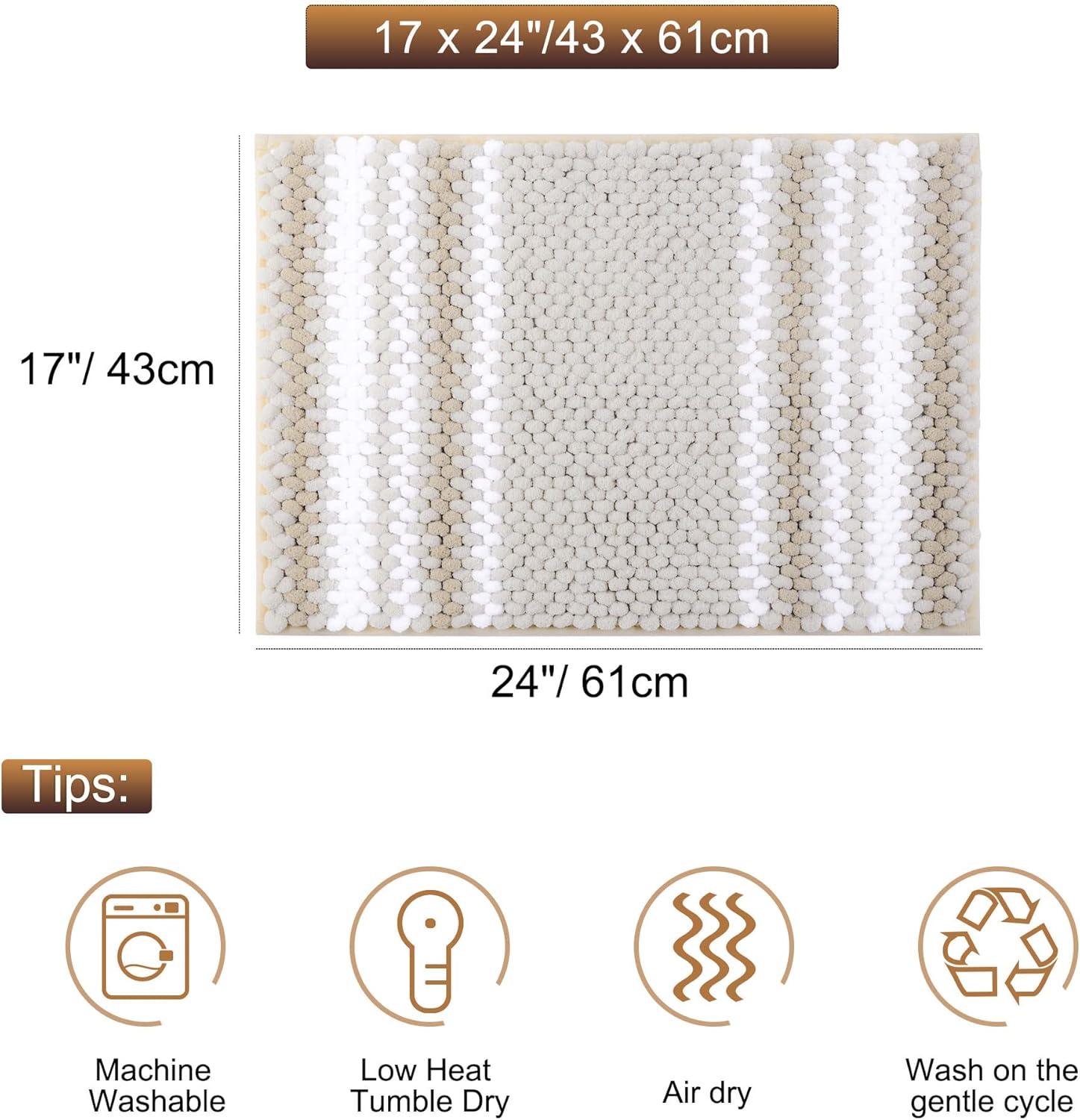 PiccoCasa Chenille Bathroom Rug, Soft Fluffy Absorbent Bath Mat, Medium Pile Striped Carpet Washable Non Slip Bathroom Floor Mats(17"x24",Khaki & White) - Image 3