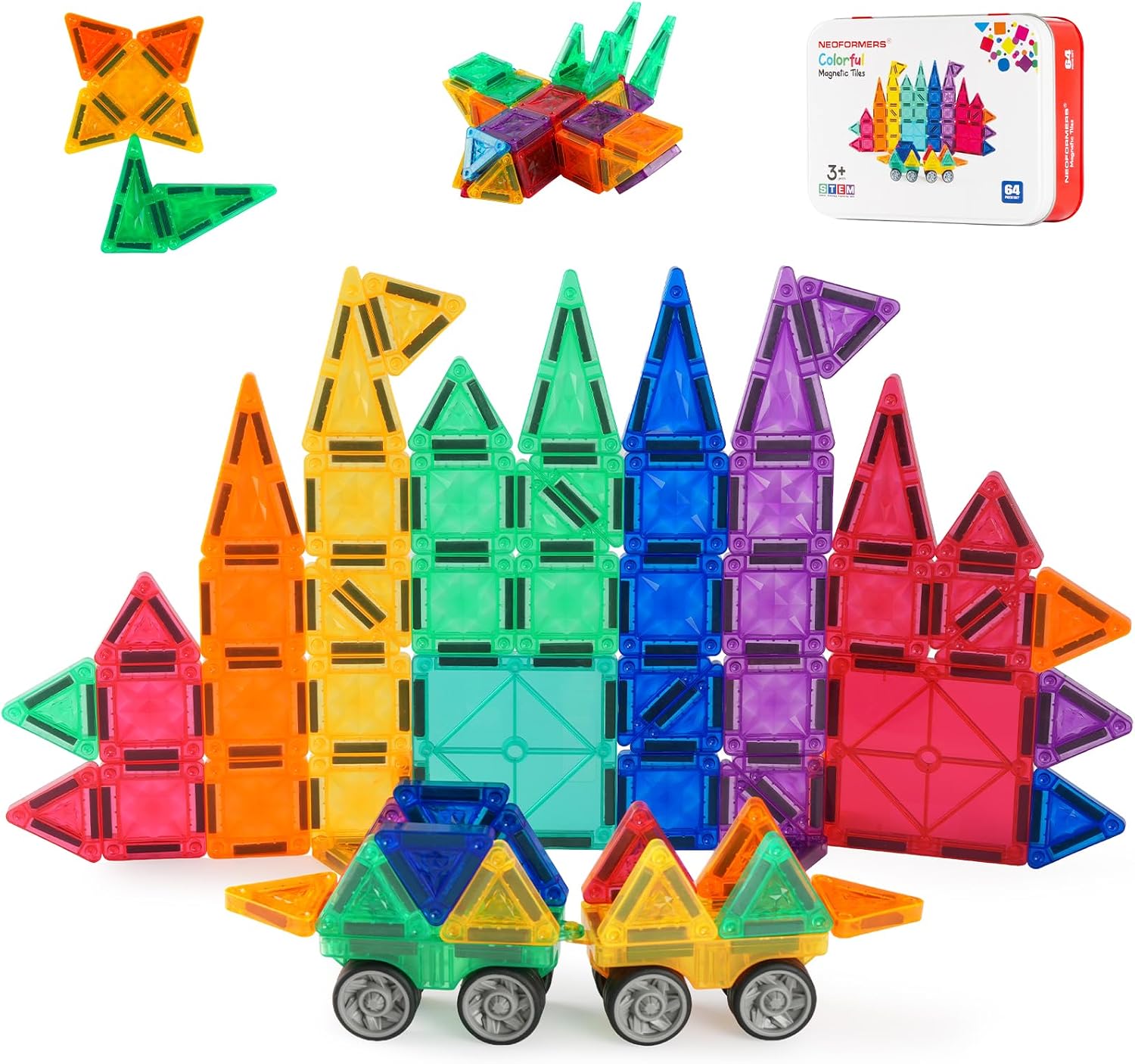 Magnetic Tiles 64PCS Mini Building Blocks, STEM Educational Construction Toys with 2 Mini Cars & Iron Storage Box, Durable Magnet Tiles for Kids Boys Girls Ages 3+