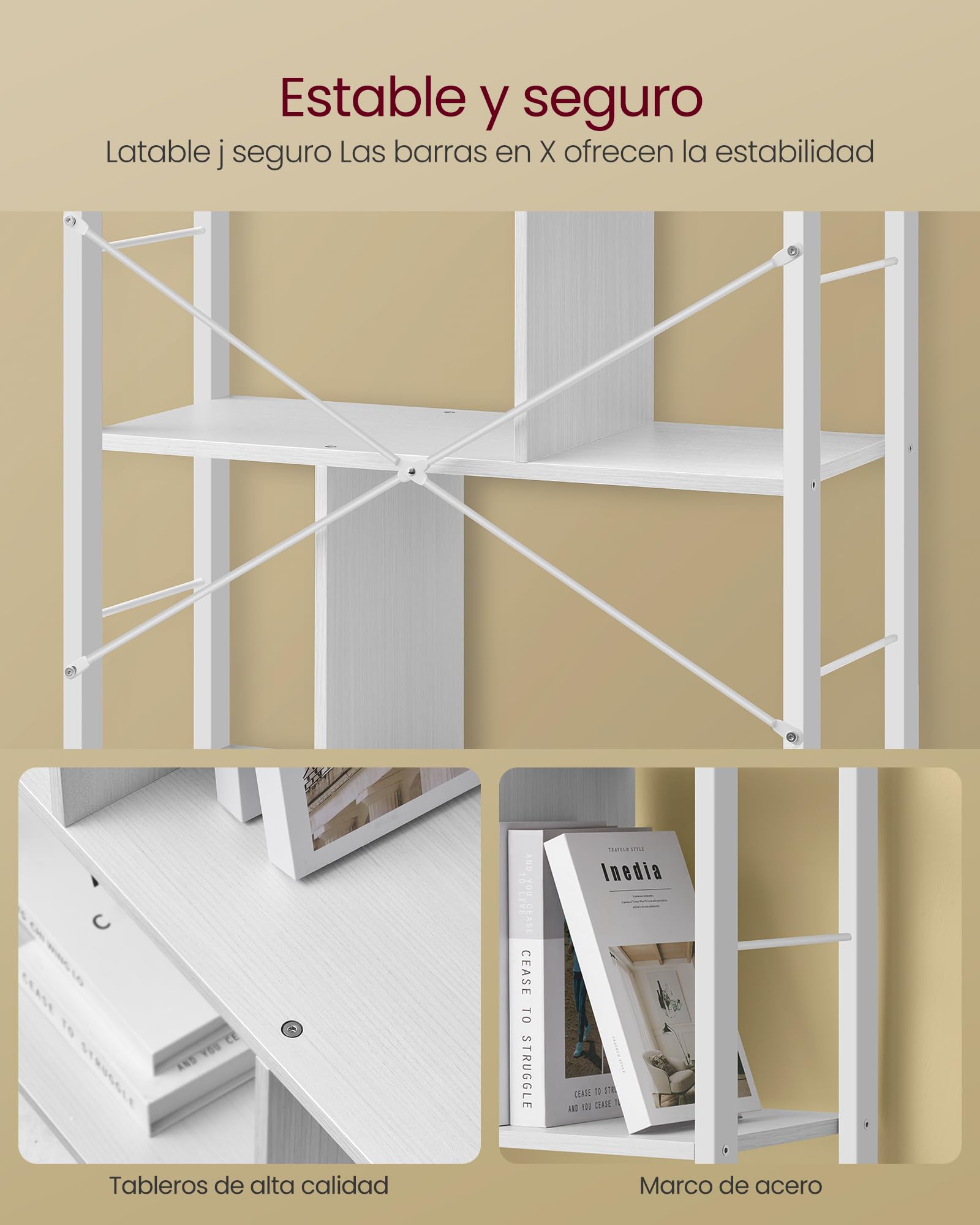 VASAGLE Librería, Estantería de Almacenamiento de 5 Niveles, Organizador de Oficina de Estudio, con Compartimentos, para Salón, Estilo Moderno, Blanco Arce y Blanco Nube LBC012W44