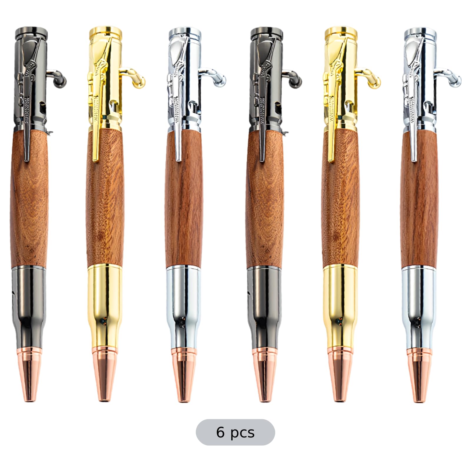 6 Stk. Bolt-Action-Stift Set, Patronenstift mit Birnenholz und Metallgehäuse, nachfüllbare Kugelschreiber als Geschenk für Männer, besondere Schreibwaren fürs Büro, Geburtstag, Vatertag, Gold Silber
