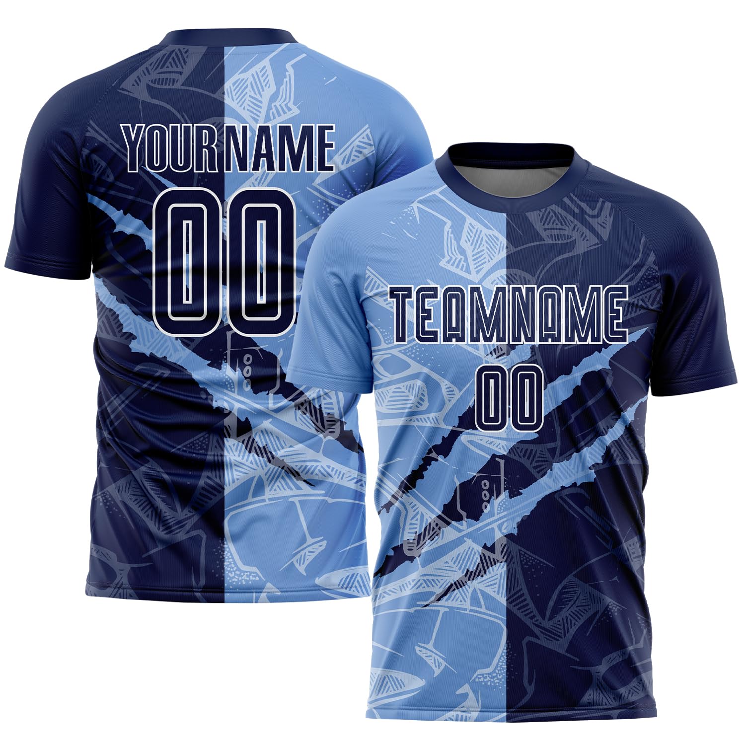 Design Cool Scratch Pattern Soccer Jerseys Personalized Football T Shirts Shorts Set Printed Team Name Number, Custom Blue Short Sleeve Casual Sports Uniforms for Men/Women/Youth/Teens Boys Girls