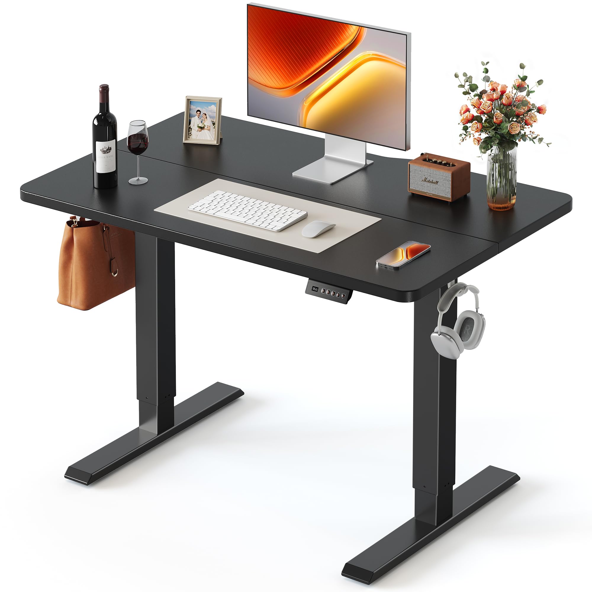 FEZIBO 40 x 24 Inchs Electric Standing Desk, Height Adjustable, Sit Stand Up, Computer Office Desk with Splice Board, Black Frame/Black Top