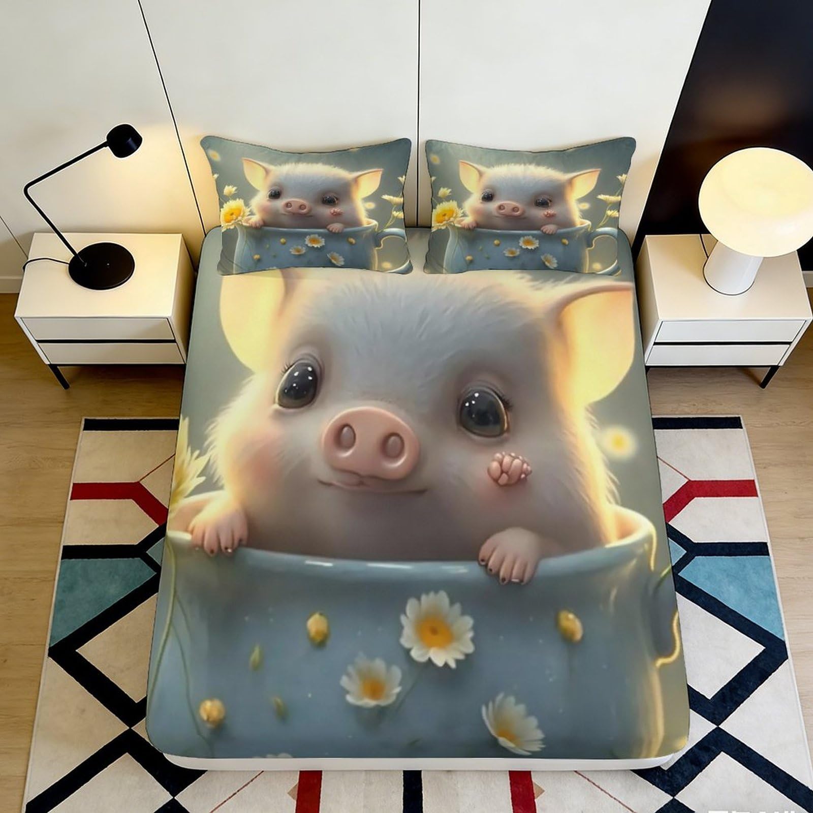 Jqzkxnhpbr Style-2 3D Printed Cute Pig Fitted Sheet Microfiber Soft Non-Slip Daisy Pattern Mattress Cover For Bedroom Dorm Decor 90X200x25cm