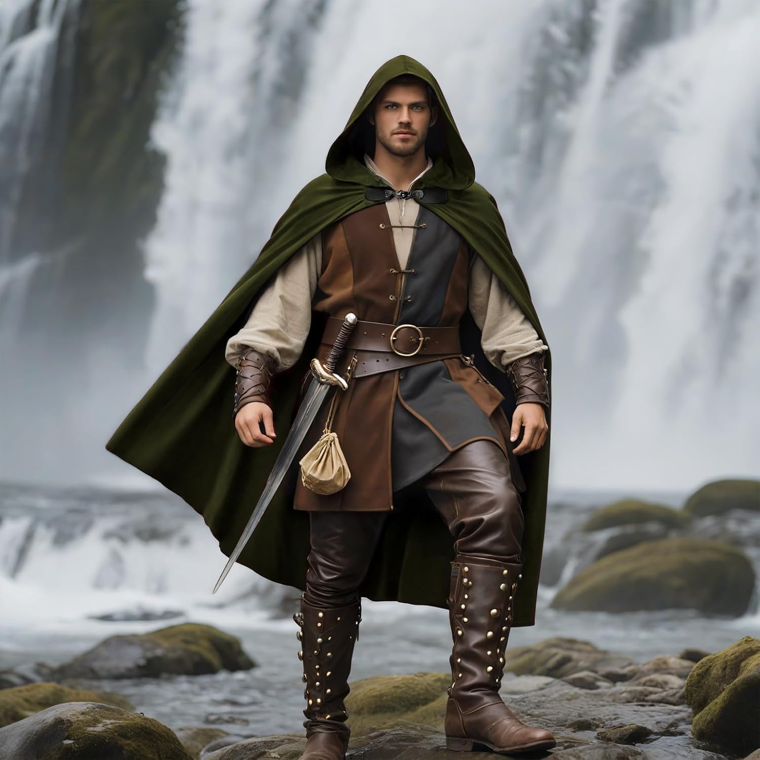 JPXH Medieval Hooded Cloak with Leather Buckle, Renaissance Costume