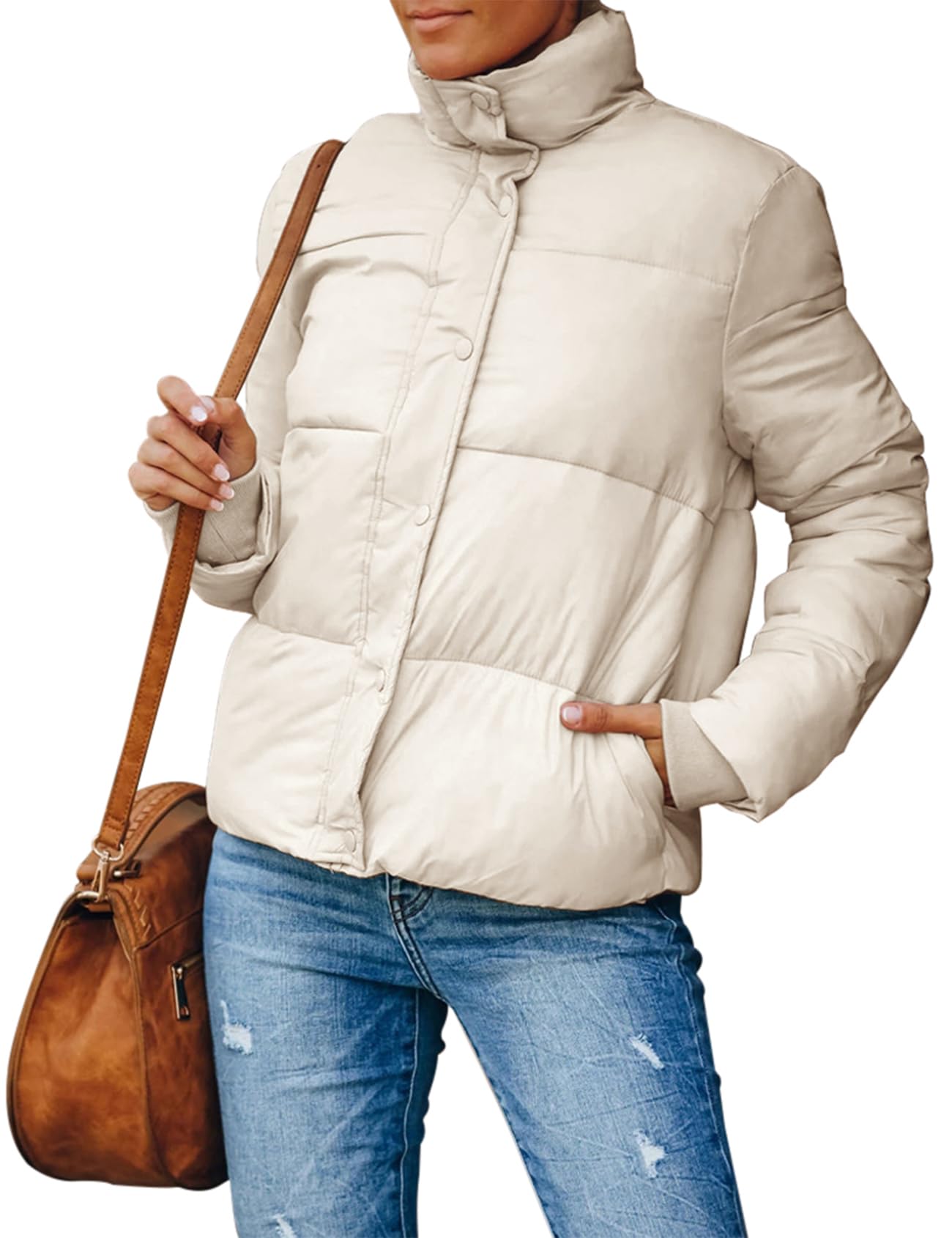 Wyeysyt Women winter puffer jacket Lightweight Cropped Winter Puffer Jacket with Full Zip Up, Stand Collar & Pockets