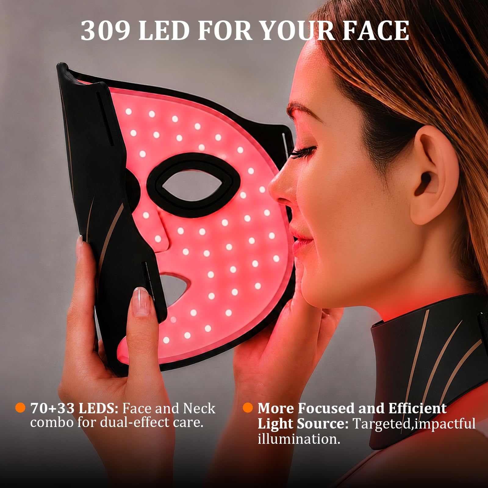 Masque de thérapie par lumière rouge pour soins de la peau du visage et du cou, masque facial infrarouge 7 couleurs avec 309 puces LED, 5 luminosités, contrôleur rechargeable pour anti-âge