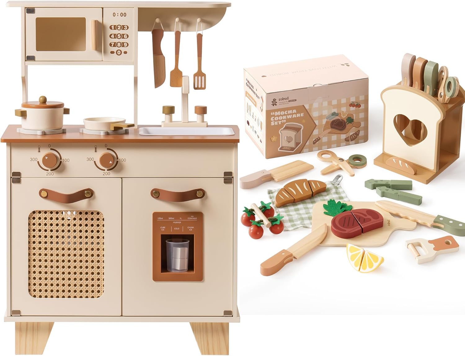 ROBUD Kids Kitchen Playset Bundle with Kids Play Kitchen Knife Set, Pretend Toddlers Kitchen Toy with Accessories, Baby Gift for Ages 3 4 5 6 7 8