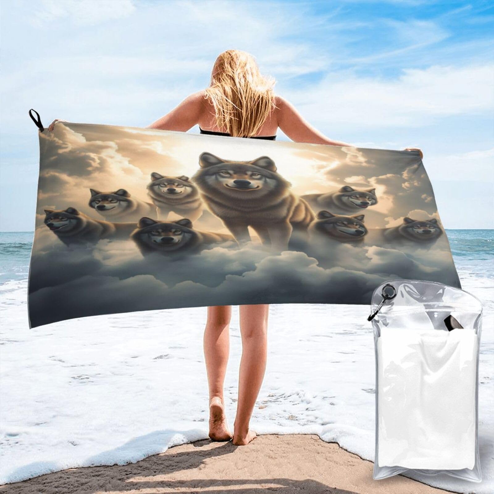 Anceky Majestic Wolves Amid Clouds, Digital Art Quick Dry Microfiber Travel Towel with Carry Case and Carabiner 27.5"X55"