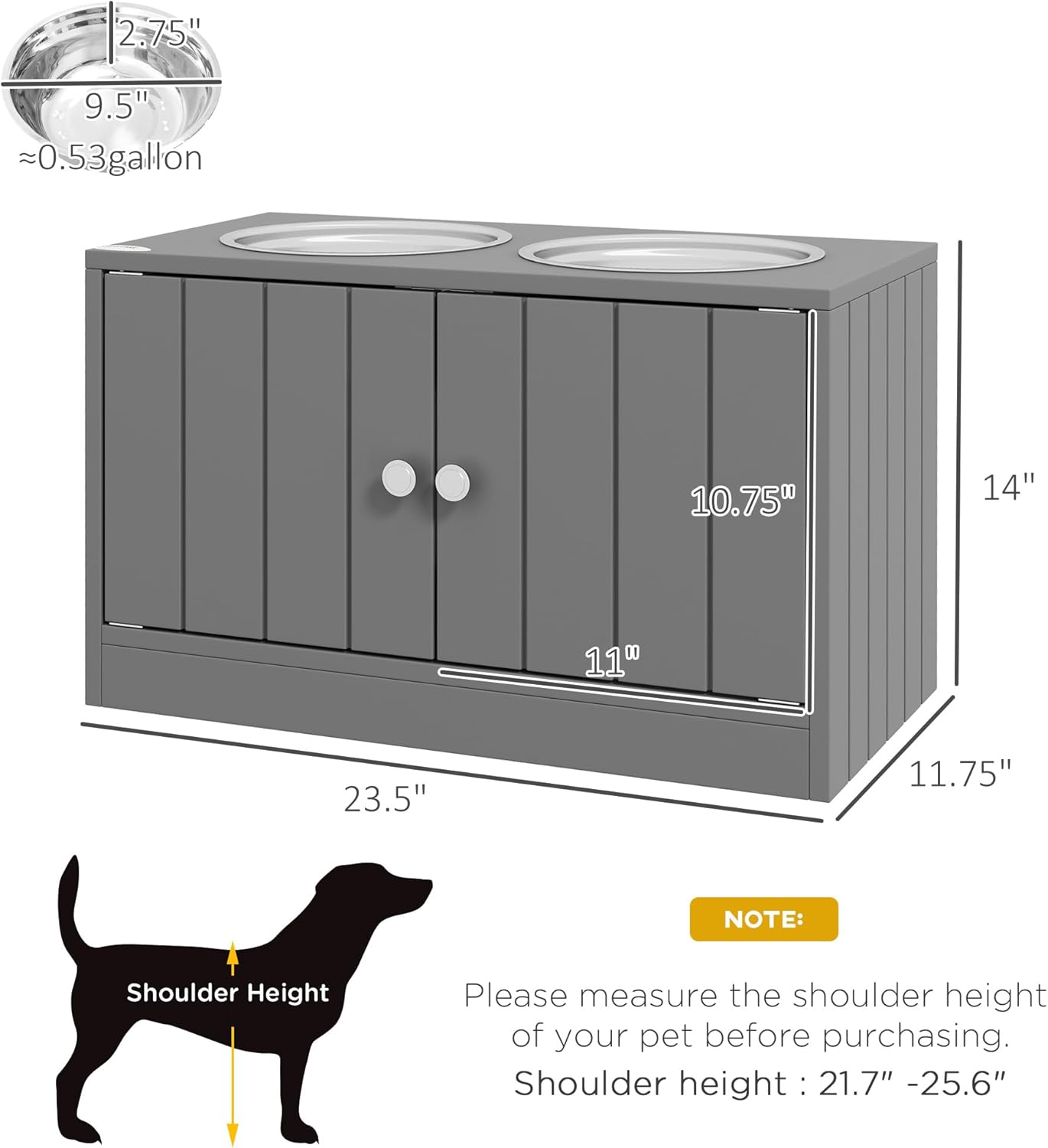 PawHut Large Elevated Dog Bowls with Storage Cabinet Containing Large 44L Capacity, Raised Dog Bowl Stand Pet Food Bowl Pet Feeding Station, Gray