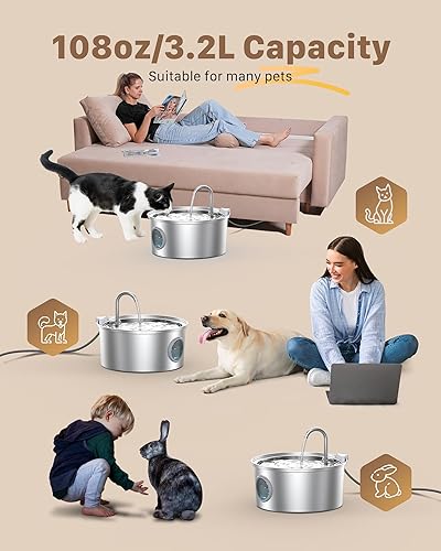 Miniatura 4 de Cat Water Fountain108oz3.2L Cat Fountain Stainless Steel - Quiet Cat Fountains for Drinking - Pet Water Fountain - Water Fountain for Cats - Water