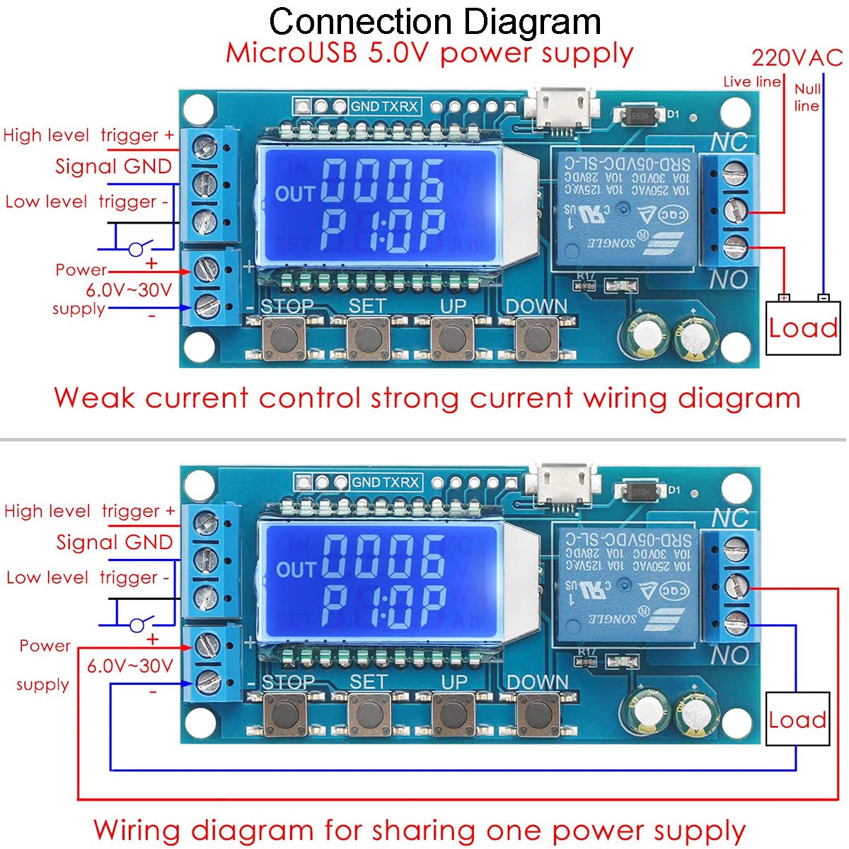 Płyta kontrolera przekaźnika z opóźnieniem czasowym Youmile, moduł przekaźnika USB, płyta kontrolera opóźnienia 6-30V, przełącznik z timer LCD, wsparcie z kablem Micro USB, biała podkładka bazowa