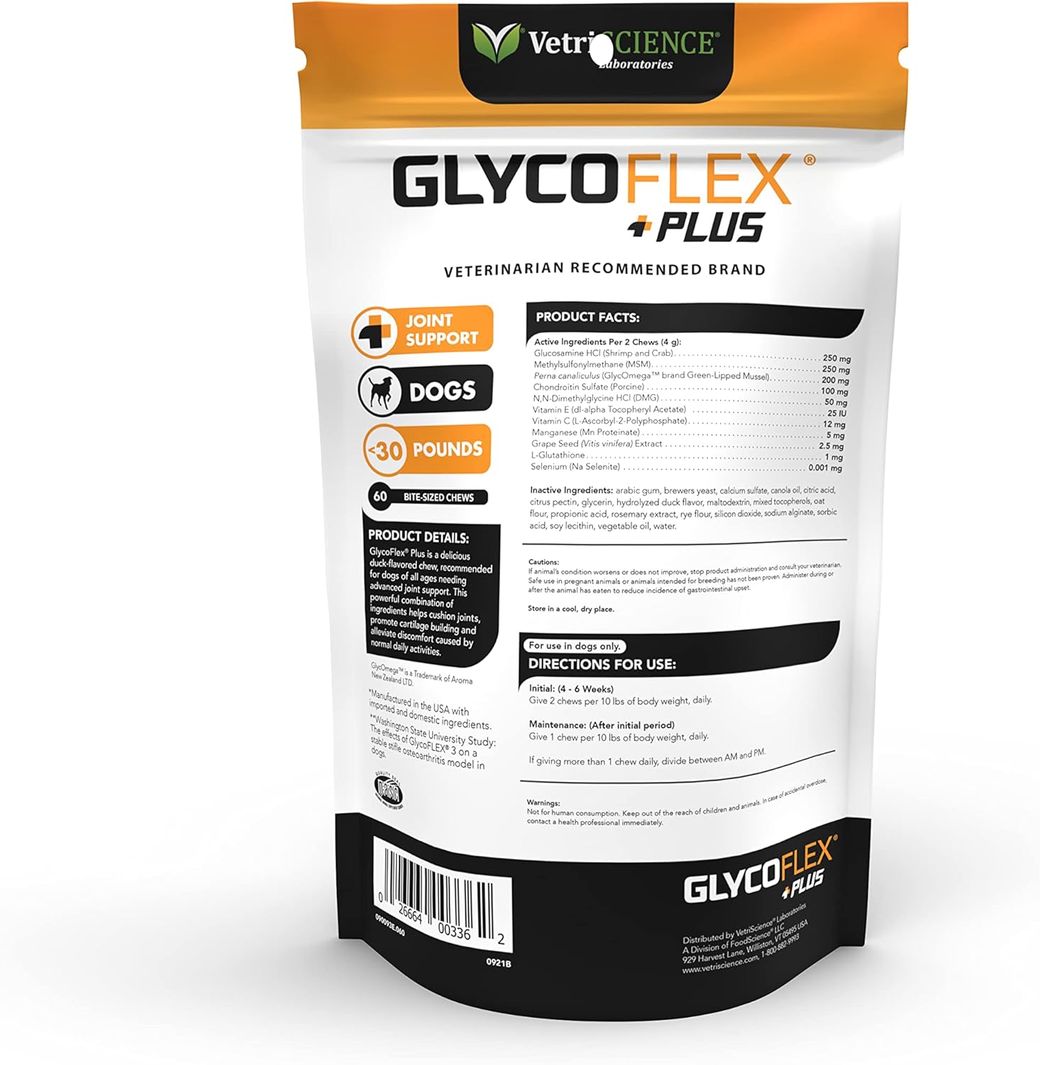 VETRISCIENCE Glycoflex Plus Chondroitin Maximum Strength Hip and Joint Supplement for Dogs with Glucosamine and MSM - Clinically Proven Ingredients - Increase Hind Leg Strength in 4 Weeks : Everything Else