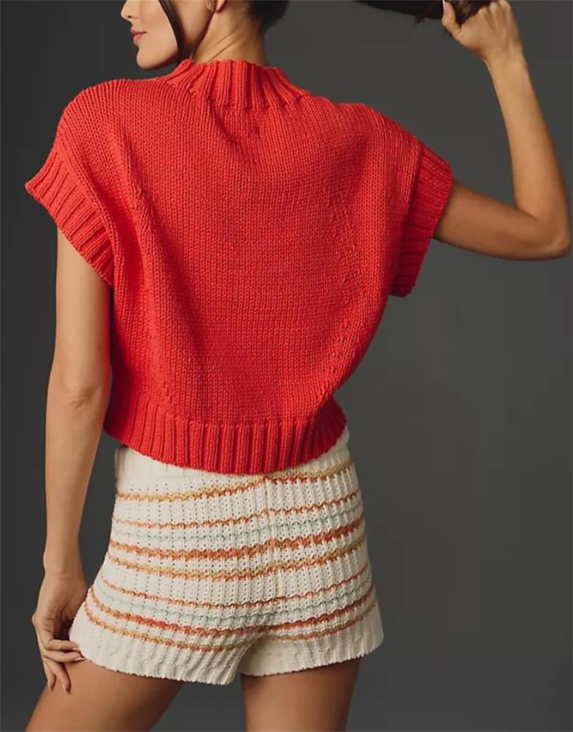 Women Mock Neck Sweater Vest Heart Print Cap Sleeve Knit Tank Tops Y2K Valentine's Day Ribbed Pullover Top - Image 5