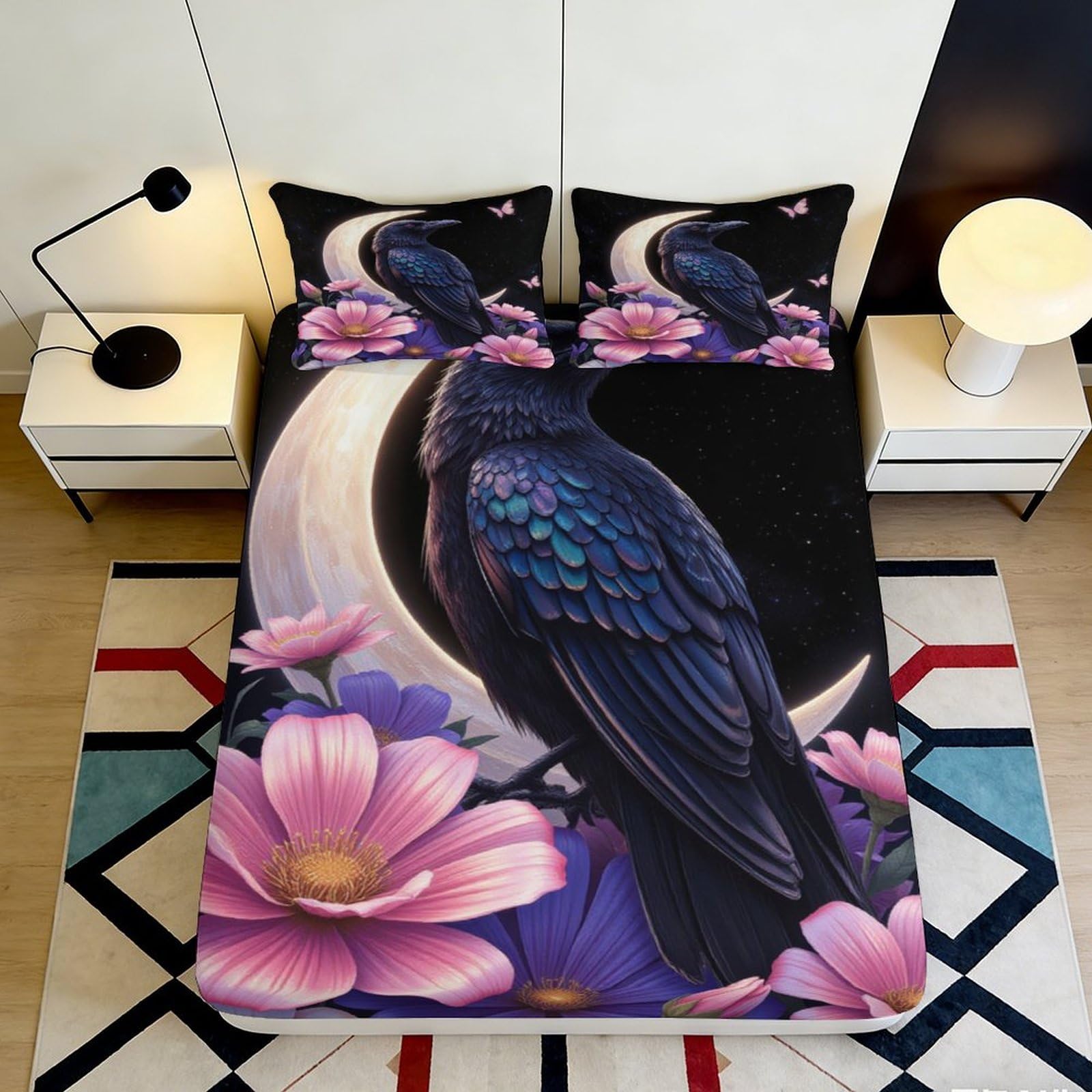 3D Printed Moon Raven Fitted Sheet Microfiber Floral Bed Cover for Bedroom Dorm Mattress Protection Decor 90x200x25cm