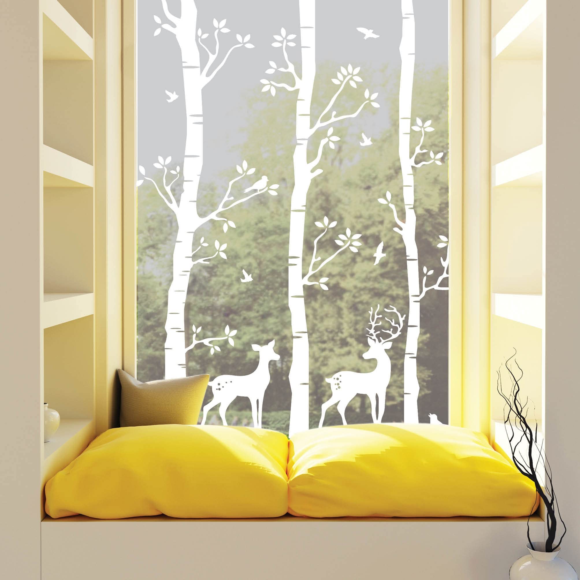 Sichtschutzfolie Birkenwald mit Hirschen Fensterfolie Fensterdeko Milchglasfolie, 55 cm hoch, 125 cm breit