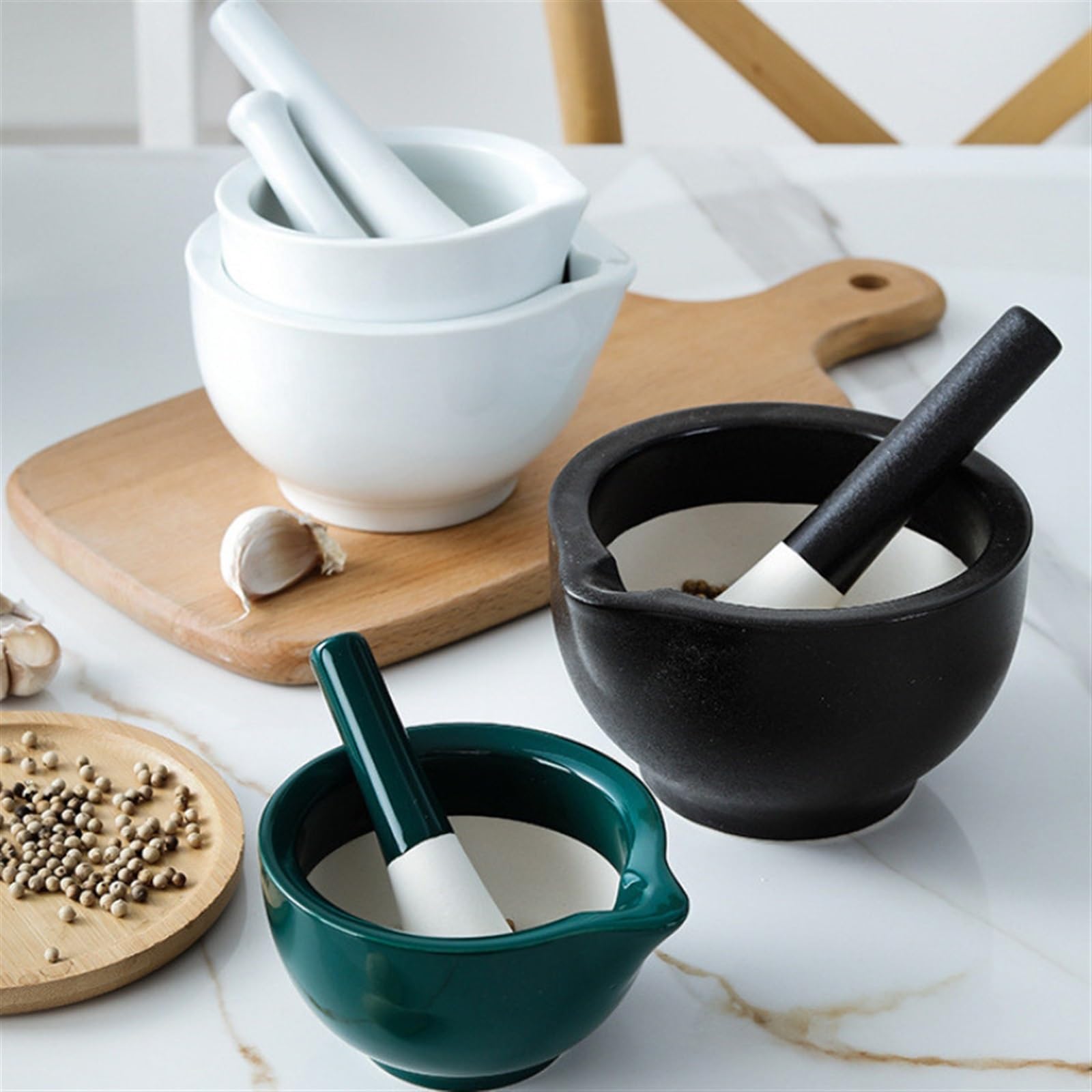 Mörser- und Stößel-Set aus Porzellan, Mörser und Stößel, Mühle, Rührschüssel, Zerkleinerer (Schwarz L)