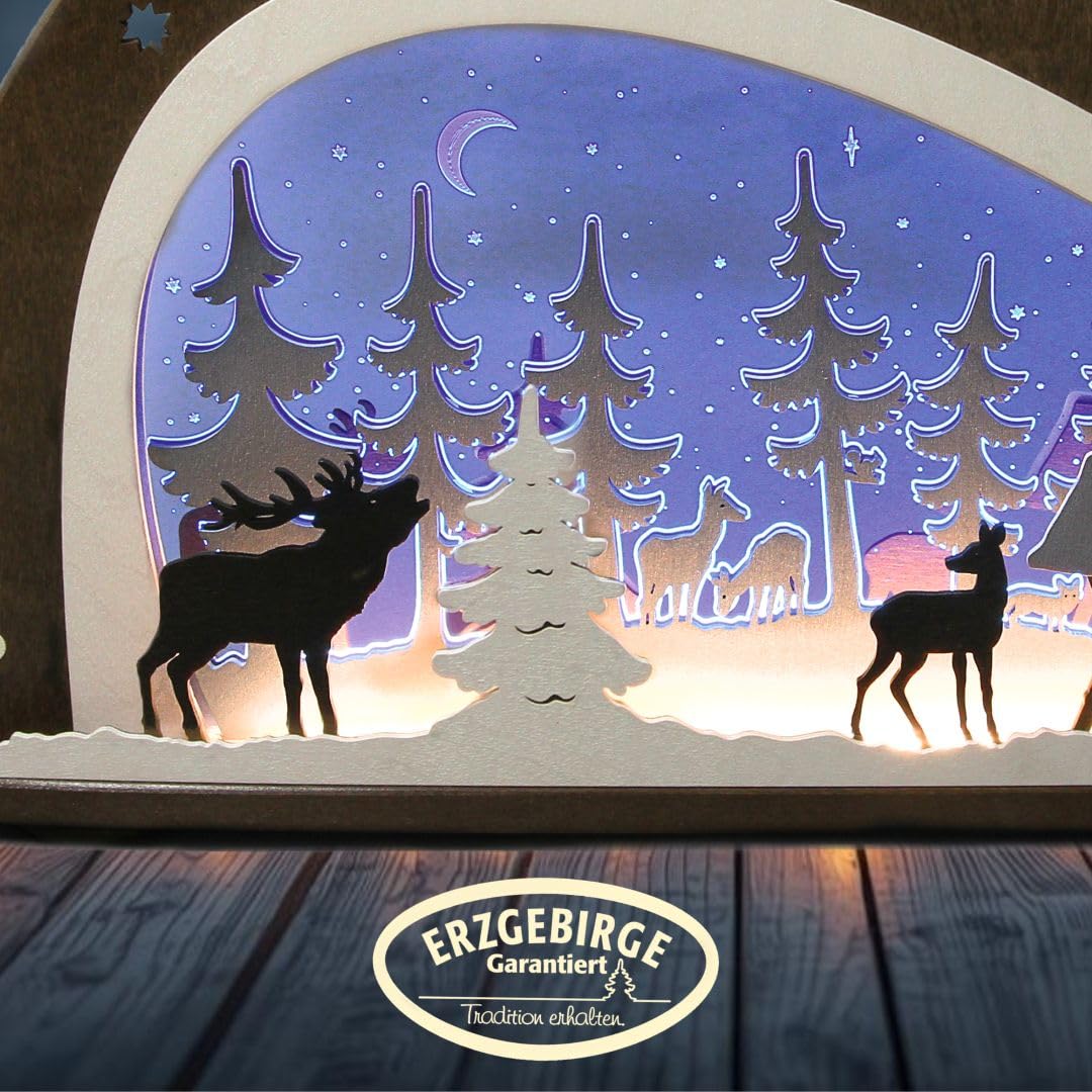 weigla - Schwibbogen original Erzgebirge I Motiv Waldtiere I LED-Lichterbogen Weihnachten I Größe 66 x 33,8 x 6 cm I Inklusive Beleuchtung I beleuchtete Weihnachtsdeko innen I aus Holz