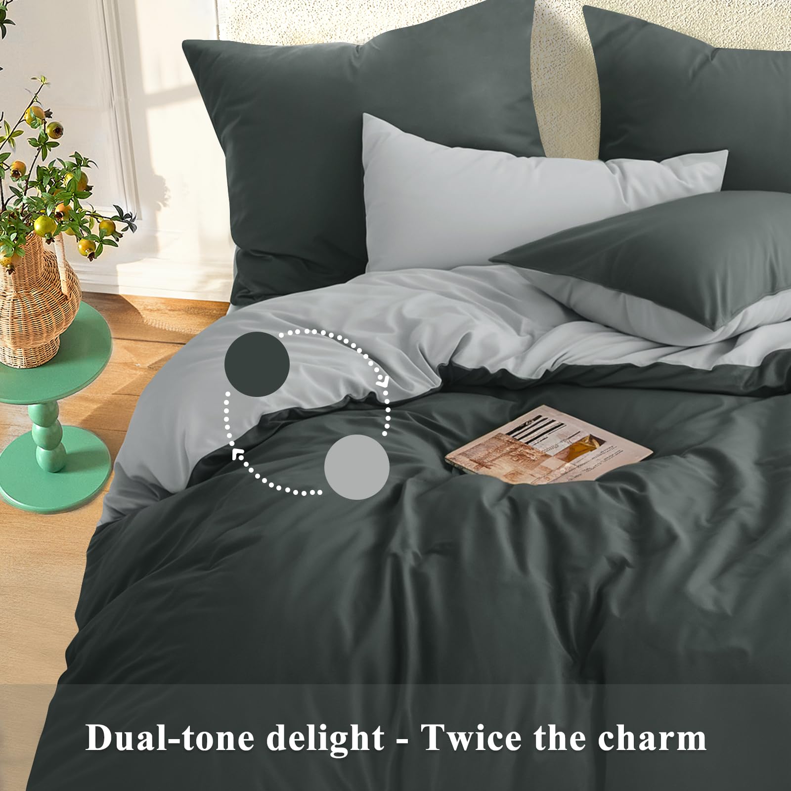 RUIKASI Dark Grey Double Duvet Set, Reversible Light Grey Duvet Cover Double Bedding Set including Zip - Image 4