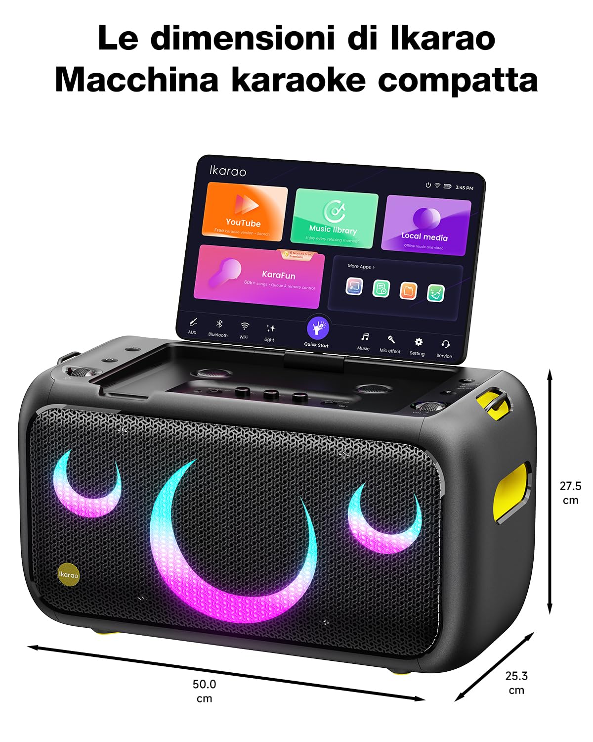 Ikarao Break X1 Macchina Karaoke con Schermo Touch 13,3", Altoparlante Bluetooth 800W, 2 Microfoni Wireless e Luci LED – Perfetta per Feste, Serate in Famiglia ed Eventi con Design Moderno
