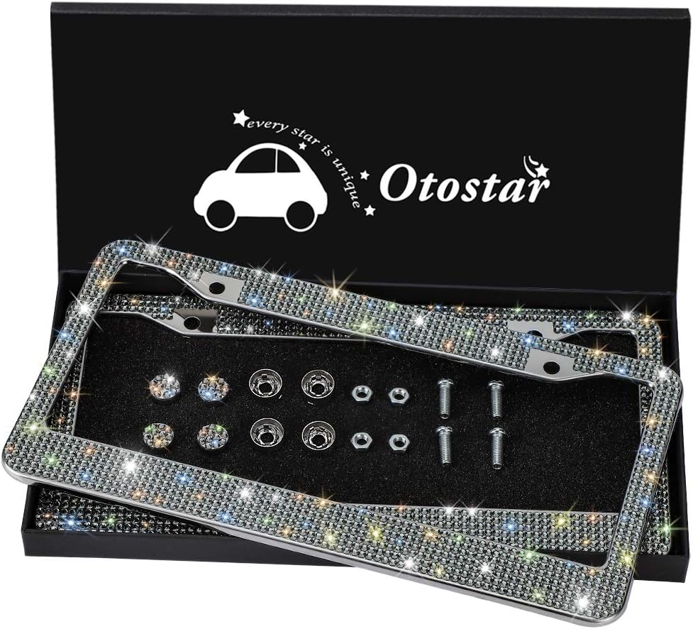 Carfond 2 Pack for Front and Rear License Plate Handcrafted 1000+ pcs Finest 14 Facets SS20 Premium Crystal Waterproof Stainless Steel License Plate Frame with Matching Anti-Theft Screws Caps, Grey