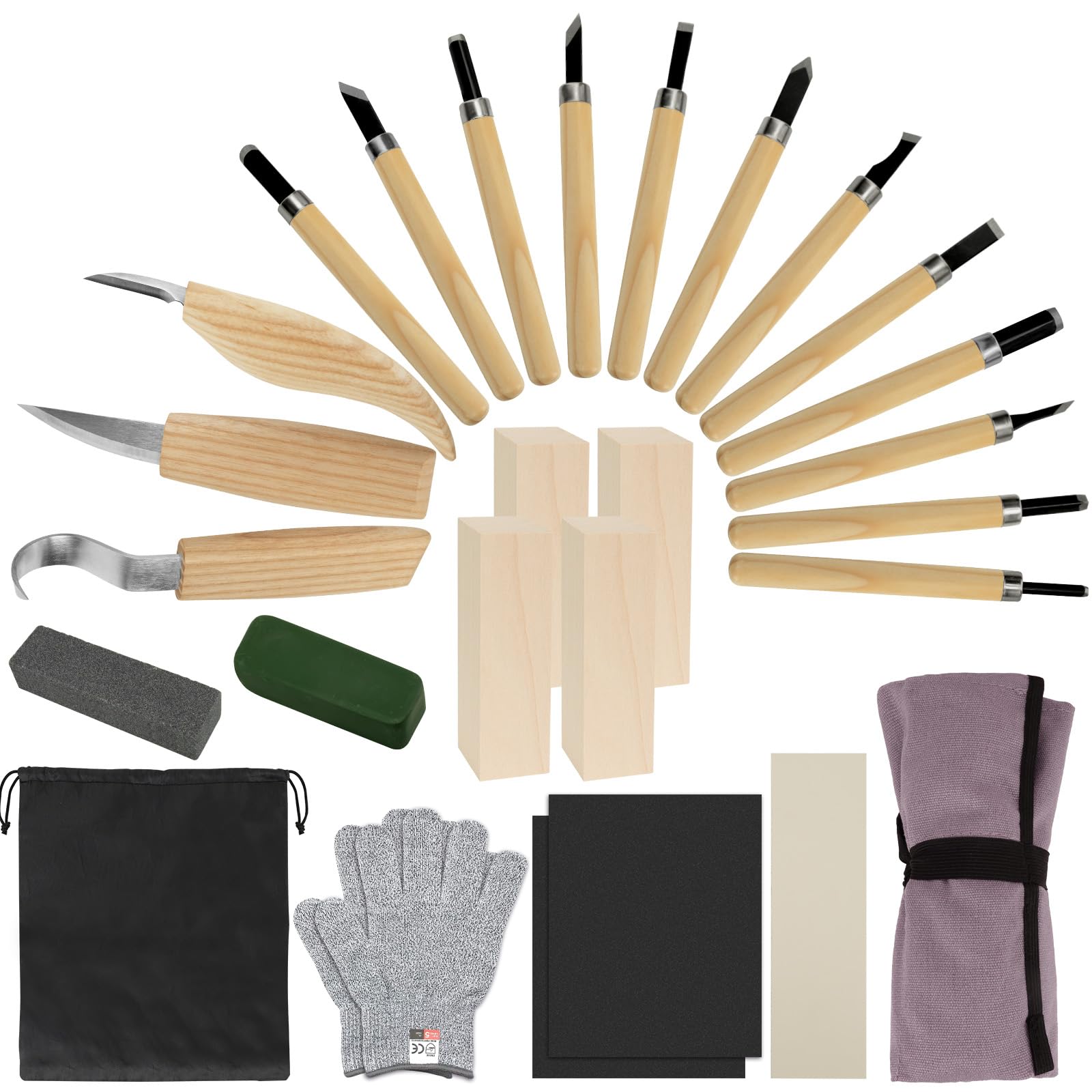 Dadabig 27 Piezas Juego de Herramientas de Tallado, 15 Cuchillos de Tallado en Madera, Herramientas para Tallar, con Guantes y Piedras de Afilar, Cuchillos para Tallar Madera con Mangos de Madera