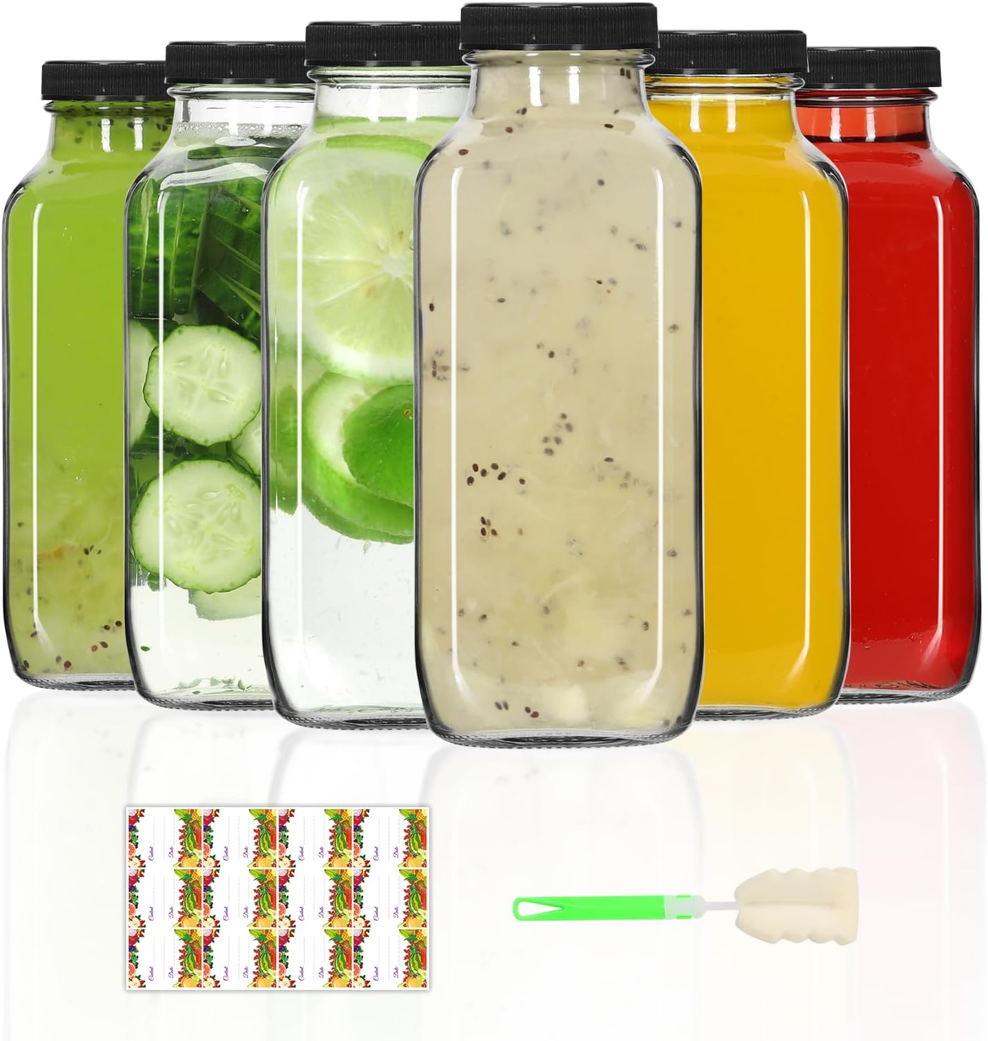 AuroTrends 12 oz Glass Bottles with Lids 6Pack, 360ml Glass Bottles for Juicing, Water, Kombucha - Portable Glass Juicing Bottles Reusable Glass 12oz (12fl.oz, Set of 6)